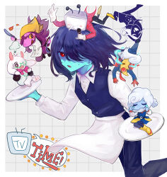  1other 2girls 4boys ant_tenna apron black_hair black_pants black_vest blue_skin closed_eyes collared_shirt colored_skin commentary commentary_request deltarune elnina_(deltarune) english_commentary furry furry_female furry_male glasses gloves goat_boy green-framed_eyewear grid_background hair_over_one_eye highres holding holding_microphone holding_plate horns kris_(cooking_show)_(deltarune) kris_(dark_world)_(deltarune) kris_(deltarune) lanino_(deltarune) long_sleeves microphone multiple_boys multiple_girls object_head official_alternate_costume open_mouth pants pink_skin plate purple_hair ralsei ralsei_(cooking_show) red_eyes rouxls_kaard shirt simple_background soratake_53 susie_(cooking_show)_(deltarune) susie_(dark_world)_(deltarune) susie_(deltarune) sweat tears tomboy utdr_(toby_fox) vest waist_apron white_gloves white_hair white_shirt 