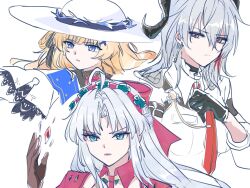  3girls adjusting_clothes adjusting_necktie ahoge aqua_eyes black_choker black_gloves blonde_hair blue_eyes bow breasts carlotta_(wuthering_waves) chest_harness choker commentary_request crystal earrings gloves grey_hair hachikuma_z hair_between_eyes hair_bow hair_ornament hairband hand_up harness hat highres jewelry key_earrings looking_ahead looking_at_viewer looking_to_the_side medium_breasts mole mole_under_eye multicolored_hair multiple_girls necktie parted_lips phoebe_(wuthering_waves) pink_bow pink_hairband red_eyes red_necktie shirt streaked_hair white_hat white_shirt wuthering_waves x_hair_ornament zani_(wuthering_waves) 