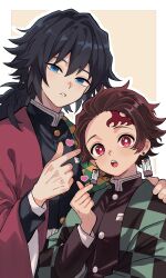  2boys absurdres belt black_hair black_jacket black_pants blue_eyes brown_hair buttons checkered_haori earrings gold_buttons hair_between_eyes hanafuda_earrings hand_on_another's_shoulder hand_up haori heart highres jacket japanese_clothes jewelry kamado_tanjirou kikkoumon kimetsu_no_yaiba kqi621 long_hair low_ponytail male_focus multiple_boys pants ponytail print_haori red_haori short_hair spiky_hair tomioka_giyuu upper_body white_belt 