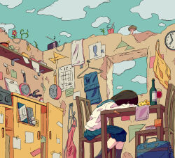  1girl absurdres alcohol analog_clock apron bag black_hair blue_sailor_collar blue_skirt blue_sky book bottle cabinet chair cheese clock clothes_hanger clouds commentary_request cooking_pot cork cup day drinking_glass faucet flower food frying_pan highres indoors kyomusyabon leaning_forward light_bulb long_sleeves medium_hair messy_room mushroom musical_note no_roof on_chair original pink_apron pink_flower pleated_skirt poster_(object) radio rubber_band sailor_collar school_bag school_uniform serafuku shelf shirt shorts sitting skirt sky solo sticky_note table towel unworn_apron unworn_shorts white_shirt wine wine_glass wooden_chair wooden_table 