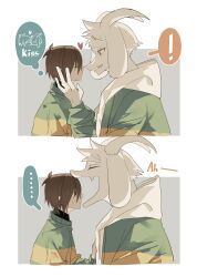  ! ... 1boy 1other absurdres adoptive_siblings androgynous animal_ears asriel_dreemurr brown_hair closed_eyes deltarune english_text face-to-face furry furry_male goat_boy goat_ears goat_horns green_sweater hair_between_eyes hand_on_another's_face heart highres hikokisleep247 horns kiss kris_(deltarune) leaning_in looking_at_another misunderstanding open_mouth other_with_male red_eyes short_hair siblings simple_background striped_clothes striped_sweater sweatdrop sweater tall_male two-tone_sweater utdr_(toby_fox) white_fur 