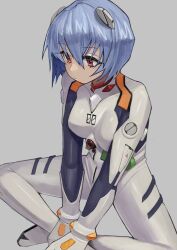  1girl ayanami_rei blue_hair bodysuit breasts commentary_request grey_background hair_between_eyes hair_ornament hands_on_own_legs headgear highres indian_style mecha_pilot_suit medium_hair michibata_anko neon_genesis_evangelion plugsuit_(evangelion) red_eyes science_fiction sitting small_breasts white_bodysuit 