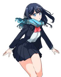  1girl black_hair black_jacket black_skirt blue_eyes blue_scarf bow bowtie commentary gridman_universe highres himagosan jacket long_hair pleated_skirt red_bow red_bowtie scarf school_uniform shirt simple_background skirt solo ssss.gridman takarada_rikka white_background white_shirt 