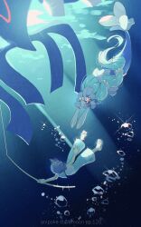  2girls air_bubble blue_background blue_hair blue_pants bubble fishing_rod fukkatsu_no_maya full_body furry furry_female hair_ornament hairband highres holding holding_fishing_rod kyogre lana_(pokemon) long_hair looking_at_another merfolk mermaid monster_girl multi-tied_hair multiple_girls pants pearl_hair_ornament pink_nose pokemon pokemon_(anime) pokemon_(creature) pokemon_sm pokemon_the_series:_sun_&amp;_moon primarina sea_lion shirt short_hair simple_background snout starfish_hair_ornament underwater white_shirt yellow_hairband 