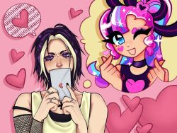  black_hair black_lemonade_cookie bluebottleszz blush bow choker cookie_run cookie_run:_kingdom cross_necklace eyelashes eyeshadow finger_heart glitter glitter_in_hair hair_ornament heart heart_on_cheek heart_tattoo letter long_hair lynxie.zoom makeup multicolored_hair necklace one_eye_closed pink_hair ponytail shining_glitter_cookie short_hair smile tank_top thought_bubble wholesome yuri 