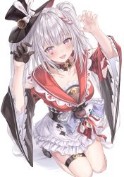  1girl bare_shoulders black_gloves black_hat commentary_request diamond_(shape) diamond_facial_mark facial_mark gloves grey_hair hair_between_eyes hands_up hat heart heart_facial_mark highres honkai:_star_rail honkai_(series) kneeling long_hair long_sleeves looking_at_viewer mark_under_both_eyes mini_hat mini_top_hat mizuasagi35181 paw_pose simple_background single_glove skirt smile solo sparkle_(honkai:_star_rail) sparxie_(honkai:_star_rail) thigh_strap top_hat twintails very_long_hair white_background white_skirt wide_sleeves 