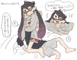  2girls black_hair black_shirt blush bow-shaped_hair callie_(splatoon) closed_eyes closed_mouth commentary_request cousins dayama glomp gradient_hair grey_hoodie grey_shorts highres hood hood_down hoodie hug incest inkling looking_at_another marie_(splatoon) mole mole_under_eye multicolored_hair multiple_girls on_bed open_mouth purple_hair red_shorts shirt shorts speech_bubble splatoon_(series) splatoon_3 star-shaped_pupils star_(symbol) symbol-shaped_pupils tentacle_hair thick_eyebrows thought_bubble translation_request twintails yellow_eyes yuri 