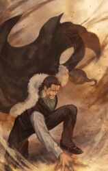  1boy arisue_kanako ascot black_cape black_hair black_pants cape commentary_request crocodile_(one_piece) fur-trimmed_cape fur_trim green_ascot hair_slicked_back hook_hand jewelry long_sleeves male_focus mature_male mouth_hold multiple_rings one_piece pants ring shirt sideburns solo stitched_face stitches teeth_hold white_shirt 