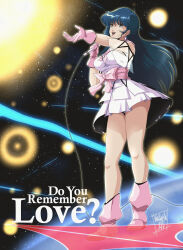  1980s_(style) 2022 absurdres battle black_hair danmakuman dated dress earrings earth_(planet) emblem energy_beam english_commentary english_text explosion faux_traditional_media gloves highres holding holding_microphone in_orbit jewelry long_hair lynn_minmay macross macross:_do_you_remember_love? mecha microphone miniskirt music nebula planet reaching retro_artstyle robot scene_reference science_fiction sdf-1 signature singing skirt space spacecraft_interior star_(sky) title u.n._spacy war window 