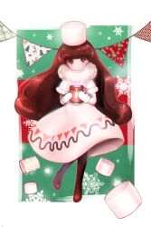  1girl alternate_skin_color border brown_eyes brown_hair brown_pantyhose capelet christmas closed_mouth cocoa_cookie cookie_run cup dress food full_body fur-trimmed_capelet fur_collar fur_hat fur_trim green_background hat holding holding_cup humanization lightened_skin long_hair long_sleeves looking_at_viewer marshmallow mittens mug pantyhose red_background ruck smile snowflakes solo two-tone_background white_border white_capelet white_dress white_hat white_mittens 