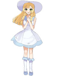  1girl :d beru_(dhdy8538) blonde_hair blue_shoes braid commentary dress eyelashes full_body green_eyes hands_up hat highres knees lillie_(pokemon) long_hair open_mouth own_hands_together pokemon pokemon_sm shoes sleeveless sleeveless_dress smile socks solo standing sun_hat teeth twin_braids upper_teeth_only white_dress white_hat white_socks 