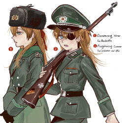  1girl absurdres alternate_costume belt black_belt black_gloves black_hat black_necktie blue_eyes blush bolt_action breast_pocket buttons coat collared_shirt commentary_request cowboy_shot east_german_flag east_germany empty_eyes evangelion:_3.0+1.0_thrice_upon_a_time eyepatch fur_hat german_text gloves green_coat green_hat green_jacket green_pants green_scarf gun hammer_and_sickle hat hat_ornament highres holding holding_gun holding_weapon jacket korean_commentary lapels long_hair long_sleeves looking_at_viewer looking_to_the_side mauser_98 military military_hat military_jacket military_uniform min_do-sik multiple_views nationale_volksarmee necktie neon_genesis_evangelion numbered open_mouth orange_hair over_shoulder own_hands_together pants peaked_cap pocket rebuild_of_evangelion rifle scarf shirt simple_background sniper_rifle souryuu_asuka_langley standing star_(symbol) star_hat_ornament teeth ushanka walking weapon weapon_over_shoulder white_background white_shirt 