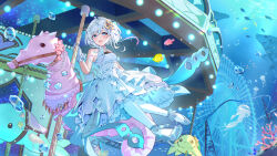 1girl air_bubble amusement_park azna blue_eyes bubble carousel caustics commentary_request commission dress ferris_wheel fish gloves grey_shoes hair_ornament high_heels highres indie_virtual_youtuber jellyfish layered_dress medium_hair open_mouth pantyhose seahorse shoes skeb_commission sleeveless sleeveless_dress smile solo turtle underwater virtual_youtuber whale white_dress white_gloves white_hair white_pantyhose 