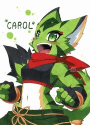  1girl animal_ears black_gloves black_nose black_tank_top carol_tea cat_ears cat_girl cat_tail chinese_knot fangs fingerless_gloves freedom_planet freedom_planet_2 furry furry_female gloves green_eyes green_fur green_shorts highres matra_usagi open_mouth red_scarf scarf shorts striped_fur tail tank_top 