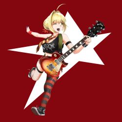  ahoge blonde_hair colored_eyelashes converse electric_guitar fate_(series) fishnet_gloves fishnet_pantyhose fishnets gibson_les_paul gloves guitar highres instrument lacerdatheweeb mismatched_socks necktie nero_claudius_(fate) pantyhose pink_nails plectrum red_ribbon ribbon spqr_(emblem) striped_clothes striped_thighhighs thigh-highs 