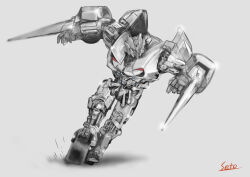  absurdres arm_blade blue_eyes highres mecha no_humans robot science_fiction seto_(atsushi533822) sideswipe transformers transformers:_revenge_of_the_fallen transformers_(live_action) weapon wheel wheeled_leg(s) white_background 