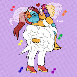  2020 2d 2girls alphys alternate_costume animal_nose anthro barefoot ben-day_dots black_eyepatch blue_skin boots bride bride_veil buck_teeth carrying carrying_person colored_sclera colored_skin colored_teeth commentary crossdressing crossdressing_(ftm) digital_media dinosaur dinosaur_girl dot_background dress duo ear_fins english_commentary eyepatch female female_only fins fish fish_girl flower formal_clothes full_body glasses head_fins heart height_difference high_heel_boots high_ponytail holding_flower kiss lizard lizard_girl lizard_tail long_hair long_sleeves monster monster_girl multiple_girls off-shoulder_dress off_shoulders orquidia pants ponytail princess_carry purple_background red_boots red_hair reptile reptile_girl reptile_tail scalie screentones sharp_teeth simple_background slit_pupils sparkle standing suit tailcoat teeth tuxedo undertale undyne utdr_(toby_fox) veil white_dress white_pants white_suit white_veil yellow_flower yellow_sclera yellow_skin yellow_teeth yuri 