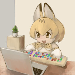  1girl animal_ears blonde_hair bow bowtie cat_ears cat_girl computer computer_keyboard desk elbow_gloves extra_ears gloves highres indoors kemono_friends mcgunngu serval_(kemono_friends) shirt short_hair sleeveless sleeveless_shirt solo stuffed_toy upper_body yellow_eyes 