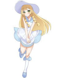  1girl beru_(dhdy8538) blonde_hair blue_shoes blush braid closed_mouth commentary dress eyelashes full_body green_eyes hat highres knees lillie_(pokemon) long_hair own_hands_together pokemon pokemon_sm shoes simple_background sleeveless sleeveless_dress socks solo standing sun_hat sweatdrop twin_braids white_background white_dress white_hat white_socks 