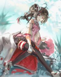  1girl absurdres ardelia_(arknights) arknights arknights:_endfield bare_shoulders black_hair black_skirt black_thighhighs coat commentary detached_sleeves dolly_(arknights) eyjafjalla_(arknights) fingerless_gloves gloves highres looking_at_viewer open_mouth pink_shirt red_hair shirt side_ponytail single_drill skirt smile stalwhat thigh-highs thigh_strap unworn_coat white_coat white_gloves white_sleeves 