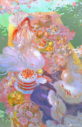  2girls absurdres apple bare_shoulders basket blueberry breasts cake cake_slice capelet chinese_commentary closed_mouth corset cup curtained_hair dappled_sunlight day dress dress_flower drinking_glass earrings elbow_gloves falling_petals feather_boa flower flower_basket food frilled_dress frills fruit full_body gem gloves gold_earrings gold_tiara gown grapes grass green_eyes grey_hair hat hat_feather helix_waltz_2 highres holding holding_cup holding_food holding_saucer jewelry kalia_rovella keru233 lace-trimmed_capelet lace-trimmed_dress lace-trimmed_gloves lace_trim lilia_claupio long_dress long_hair long_sleeves looking_at_viewer macaron medium_breasts multiple_girls on_blanket orange_(fruit) orange_lips orange_slice outdoors parted_bangs parted_lips petals picnic picnic_basket picnic_blanket picture_hat pink_flower pink_rose plate purple_dress purple_gloves red_gem red_lips red_petals rose sandwich saucer seiza sitting sleeveless sleeveless_dress smile strawberry sunlight tea teacup tray very_long_hair watermark wavy_hair weibo_watermark white_capelet white_corset white_dress white_gem white_gloves white_hat yellow_eyes yellow_flower 