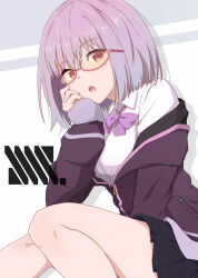  1girl black_skirt bow bowtie breasts collared_shirt commentary gridman_universe head_rest highres jacket large_breasts long_sleeves looking_at_viewer medium_hair open_mouth pantyhose partially_unzipped pink-framed_eyewear pleated_skirt purple_bow purple_bowtie purple_hair purple_jacket red_eyes school_uniform shinjou_akane shirt skirt sleeves_past_wrists solo ssss.gridman sumishake tinted_eyewear white_background white_shirt yellow-tinted_eyewear 