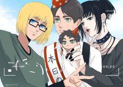  1girl 2boys armin_arlert birthday black-framed_eyewear black_choker black_eyes black_hair black_lips black_shirt blonde_hair blue_eyes blue_sky brown_hair character_doll choker clouds cloudy_sky commentary_request cross cross_earrings doll earrings eren_yeager glasses goth_fashion green_eyes green_shirt happy_birthday highres holding holding_doll jewelry lips mikasa_ackerman multiple_boys necklace peanuts261912 shingeki_no_kyojin shirt sky sweatdrop t-shirt twintails upper_body v viewfinder white_shirt 