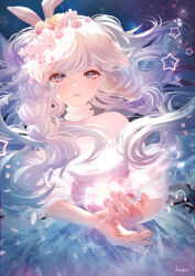  1girl bare_shoulders breasts cherry_blossoms choker detached_sleeves dress easter_egg egg frilled_choker frills hair_ornament hair_ribbon highres holding komorihikki lace-trimmed_dress lace_trim long_hair looking_at_viewer off-shoulder_dress off_shoulder original parted_lips ribbon small_breasts solo violet_eyes wavy_hair white_choker white_dress white_hair 