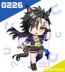  1girl air_shakur_(umamusume) air_shakur_(unsigned)_(umamusume) animal_ears black_choker black_hair black_jacket black_nails black_shoes black_shorts black_thighhighs blush chibi chibi_only choker cropped_jacket ear_chain eyebrow_piercing face_piercing full_body hand_on_own_forehead horse_ears horse_girl horse_tail jacket linked_piercing long_hair looking_at_viewer open_clothes open_mouth paint_on_clothes piercing sharp_teeth shirt shoes short_sleeves shorts single_thighhigh solo sumikawa_(sumikawa8v) tail teeth thigh-highs thigh_strap umamusume yellow_eyes yellow_shirt 