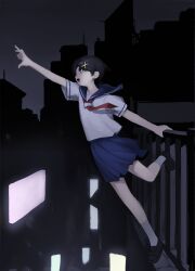  1girl black_hair black_shoes blue_sailor_collar chen_mo fuura_kafuka hair_ornament highres neckerchief on_railing open_mouth pleated_skirt railing red_neckerchief sailor_collar sayonara_zetsubou_sensei school_uniform serafuku shirt shoes short_hair short_sleeves skirt smile socks white_shirt white_socks x_hair_ornament 