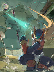  1boy 1girl absurdres android armor battle black_eyes blonde_hair ciel_(mega_man) commentary_request energy_sword forehead_jewel helmet highres holding holding_sword holding_weapon long_hair mega_man_(series) mega_man_zero_(series) mega_man_zero_1 omochi_(mochi_skymega) red_armor red_helmet robot sword weapon z_saber zero(z)_(mega_man) zero_(mega_man) 