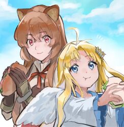  2girls ahoge animal_ear_fluff animal_ears armor bird_girl bird_wings blonde_hair blue_eyes blue_sky breastplate breasts brown_armor brown_gloves brown_hair child closed_mouth clouds cloudy_sky collared_dress commentary_request day double-parted_bangs dress eating elbow_gloves feathered_wings filo_(tate_no_yuusha_no_nariagari) food frilled_sleeves frills gloves hachino_suke8 hair_between_eyes hands_up high_collar highres holding holding_food holding_sandwich light_blush long_hair long_sleeves looking_at_food looking_at_viewer multiple_girls neck_ribbon notice_lines open_collar outdoors parted_bangs raccoon_ears raccoon_girl raphtalia red_ribbon ribbon sandwich sketch sky small_breasts smile straight_hair tate_no_yuusha_no_nariagari upper_body wavy_mouth white_dress white_wings wings 