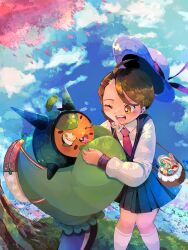  1girl ;d ahoge alternate_costume blush brown_eyes brown_hair candy collared_shirt commentary_request day eyelashes falling_petals flower food happy hat highres juliana_(pokemon) lollipop long_sleeves necktie ogerpon one_eye_closed open_mouth outdoors petals pokemon pokemon_(creature) pokemon_sv rubou_(uuue3423) shirt smile socks teeth upper_teeth_only white_shirt white_socks 