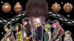  3girls 3others 6+boys armband baseball_cap baseball_uniform belt black_hair blonde_hair blue_bodysuit blue_tank_top bodysuit braid braided_ponytail brown_armband brown_hair brown_pants c-moon_(stand) cassock chain chudol3810 coat cross-shaped_pupils dark-skinned_male dark_skin double_bun dreadlocks emporio_alnino enrico_pucci enrico_pucci_(new_moon) ermes_costello fake_horns fishnet_top fishnets foo_fighters_(jojo) fur_hat green_baby_(jojo) green_hair green_overalls hair_bun hat highres horned_hat horns jojo_no_kimyou_na_bouken kujo_jolyne kujo_jotaro long_hair long_sleeves low_ponytail made_in_heaven_(stand) multicolored_hair multiple_boys multiple_girls multiple_others narciso_anasui open_clothes open_coat overalls pants pink_hair ponytail priest purple_coat purple_hat red_belt shirt short_hair sportswear stand_(jojo) star_(symbol) star_print stone_ocean symbol-shaped_pupils tank_top two-tone_hair weather_report white_hair white_hat white_shirt whitesnake_(stand) yellow_eyes 