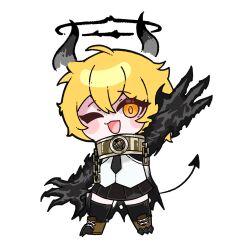  1girl beseunaj-jamjaneun_gemdol-i black_claws black_hands black_necktie black_skirt black_thighhighs blonde_hair broken broken_chain brown_shoes cape chain collar colored_extremities cuffs-to-collar demon demon_girl demon_horns demon_tail don_quixote_(project_moon) e.g.o_(project_moon) gloves gold_collar halo highres horns index_(identity)_(project_moon) jacket limbus_company long_sleeves looking_at_viewer necktie procuration_(e.g.o) project_moon shirt shoes short_hair skirt solo tail thigh-highs white_background white_cape white_shirt yellow_eyes 