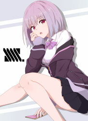  1girl absurdres black_skirt bow bowtie breasts collared_shirt commentary gridman_universe head_rest highres jacket large_breasts long_sleeves looking_at_viewer medium_hair open_mouth pantyhose partially_unzipped pleated_skirt purple_bow purple_bowtie purple_hair purple_jacket red_eyes school_uniform shinjou_akane shirt skirt sleeves_past_wrists solo ssss.gridman sumishake white_background white_shirt 