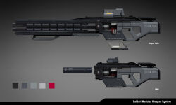  caldari_state_(eve_online) commentary concept_art dust_514 english_commentary english_text eve_online gradient_background grey_background grey_theme gun highres no_humans official_art realistic rifle science_fiction scope sniper_rifle submachine_gun suppressor weapon weapon_focus 