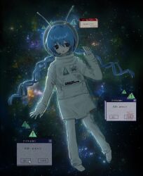  1girl alien antennae astronaut blue_hair fishbowl_helmet full_body hand_up hayu_(hayu0305) highres long_hair looking_at_viewer original sign solo space spacesuit twintails warning_sign window_(computing) 