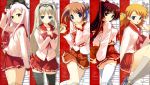  blonde_hair blue_eyes blush brown_eyes brown_hair cat column_lineup highres komaki_manaka kousaka_tamaki kusugawa_sasara long_hair lucy_maria_misora pink_hair pleated_skirt red_eyes red_hair sasamori_karin school_uniform serafuku short_hair skirt thighhighs to_heart_2 wallpaper zettai_ryouiki 