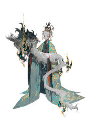  1boy aqua_coat black_hanfu chinese_clothes chinese_commentary closed_eyes closed_mouth coat commentary dragon eastern_dragon eyeliner full_body hanfu headwear_request licheng342 long_sleeves makeup male_focus open_clothes open_coat original print_coat red_eyeliner short_hair simple_background solo very_short_hair white_background zhijupao 