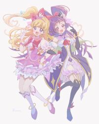  2girls absurdres ankle_bow ankle_ring anklet asahina_mirai black_gloves black_hat black_thighhighs blonde_hair bloomers blunt_bangs blunt_ends bow bowtie bracelet bubble chest_jewel coattails collared_shirt commentary_request covered_collarbone cure_magical cure_miracle detached_sleeves dress earrings flats frilled_dress frilled_shirt frills gem gloves gold_bracelet hair_bow hair_ribbon hand_on_own_hip happy hat hat_ornament heart heart-shaped_hair heart_hat_ornament high_heels high_ponytail highres izayoi_liko jewelry kneehighs leg_up light_blush lilylily0601 locked_arms long_hair looking_at_viewer loose_hair_strand magical_girl mahou_girls_precure! mahou_girls_precure!!_~mirai_days~ mini_hat mini_witch_hat multiple_girls one_side_up open_mouth pink_dress pink_eyes pink_gem pink_hat pink_ribbon pink_shoes ponytail precure puffy_short_sleeves puffy_sleeves pumps purple_bloomers purple_dress purple_hair purple_shoes red_bow red_bowtie ribbed_thighhighs ribbon shirt shirt_under_dress shoes short_dress short_ponytail short_sleeves signature simple_background smile socks sphere_earrings split_ponytail standing star_(symbol) star_hat_ornament strapless strapless_dress tailcoat thigh-highs very_long_hair violet_eyes waving wavy_hair white_background white_gloves white_shirt white_sleeves white_socks witch_hat 