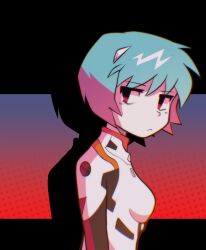  1girl ayanami_rei blue_hair bodysuit closed_mouth english_commentary frown gradient_background highres interface_headset_(evangelion) mecha_pilot_suit mychi_drawings neon_genesis_evangelion plugsuit_(evangelion) short_hair solo upper_body white_bodysuit 