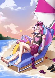 1girl beach beach_chair beach_umbrella belt bow bracelet cookie_run cookie_run:_kingdom crab heart heart_on_cheek heart_tattoo long_hair looking_at_viewer multicolored_hair nail_polish notchung one_eye_closed pink_hair pink_nails ponytail shining_glitter_cookie skirt smile stockings sunglasses sunglasses_removed sunset tank_top