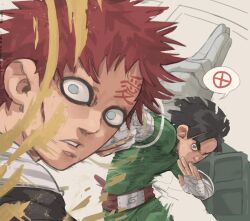  2boys bandaged_hand bandages black_hair blue_eyes bodysuit bruniosktch forehead_protector gaara_(naruto) green_bodysuit highres konohagakure_symbol looking_at_viewer motion_blur multiple_boys naruto_(series) punching red_hair rock_lee short_hair speech_bubble 