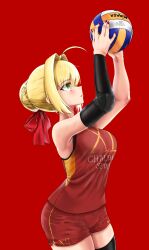  1girl ahoge ball blonde_hair breasts colored_eyelashes fate_(series) green_eyes highres lacerdatheweeb large_breasts nero_claudius_(fate) nero_claudius_(fate/extra) playing_sports red_nails red_ribbon ribbon solo sportswear sweat sweatdrop volleyball volleyball_(object) volleyball_uniform 