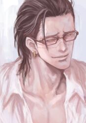 1boy arisue_kanako black_hair collarbone commentary_request crocodile_(one_piece) earrings glasses jewelry male_focus mature_male one_piece portrait shirt short_hair sideburns simple_background stitched_face stitches white_shirt yellow_eyes 