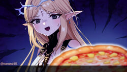  1girl @_@ bare_shoulders blonde_hair blue_eyes breasts canon_event cartethyia_(wuthering_waves) commentary_request earrings english_commentary highres jewelry long_hair looking_at_food mixed-language_commentary multiple_earrings naruno_suke_(narunosk) nervous_smile open_mouth parted_bangs parted_lips pineapple_on_pizza pointy_ears portrait small_breasts smile solo sweatdrop tacet_mark_(wuthering_waves) wuthering_waves 