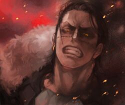  1boy arisue_kanako ascot black_hair clenched_teeth commentary_request crocodile_(one_piece) embers furrowed_brow looking_at_viewer male_focus one_piece red_background short_hair smoke solo stitched_face stitches teeth upper_body yellow_eyes 