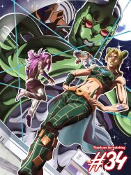  1girl 3boys absurdres arm_tattoo baseball_cap birthmark blonde_hair breasts c-moon_(stand) commentary crop_top dark-skinned_male dark_skin emporio_alnino english_commentary enrico_pucci grandguerrilla green_eyes green_hair green_lips green_pants grey_hair hands_on_own_hips hat highres joestar_birthmark jojo_no_kimyou_na_bouken kujo_jolyne long_hair medium_breasts multiple_boys narciso_anasui navel navel_piercing open_mouth orange_eyes pants piercing pink_hair purple_hat stand_(jojo) star_(symbol) stone_ocean suspenders tattoo 