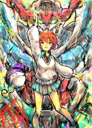  1girl 2025 amate_yuzuriha arm_up beanie commentary_request dated energy glowing gquuuuuux gundam gundam_gquuuuuux haro hat looking_at_viewer mecha miniskirt mobile_suit moto_murabito non-humanoid_robot pet red_hair robot science_fiction signature skirt zeknova 